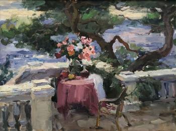 Flowers on the background of southern pine (Flowers On The Balcony). Shevchuk Svetlana
