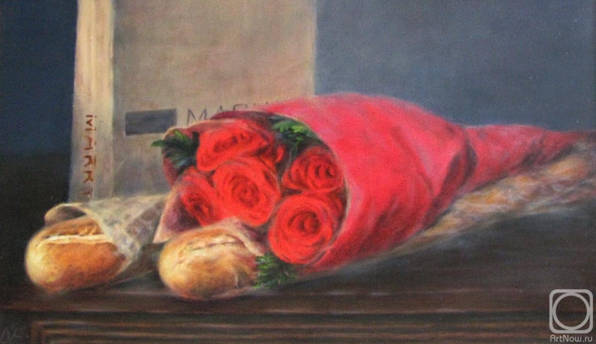 Fomina Lyudmila. Still Life with Roses and Baguette