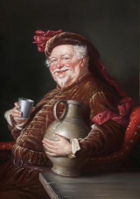 Good-natured man with a jug of wine