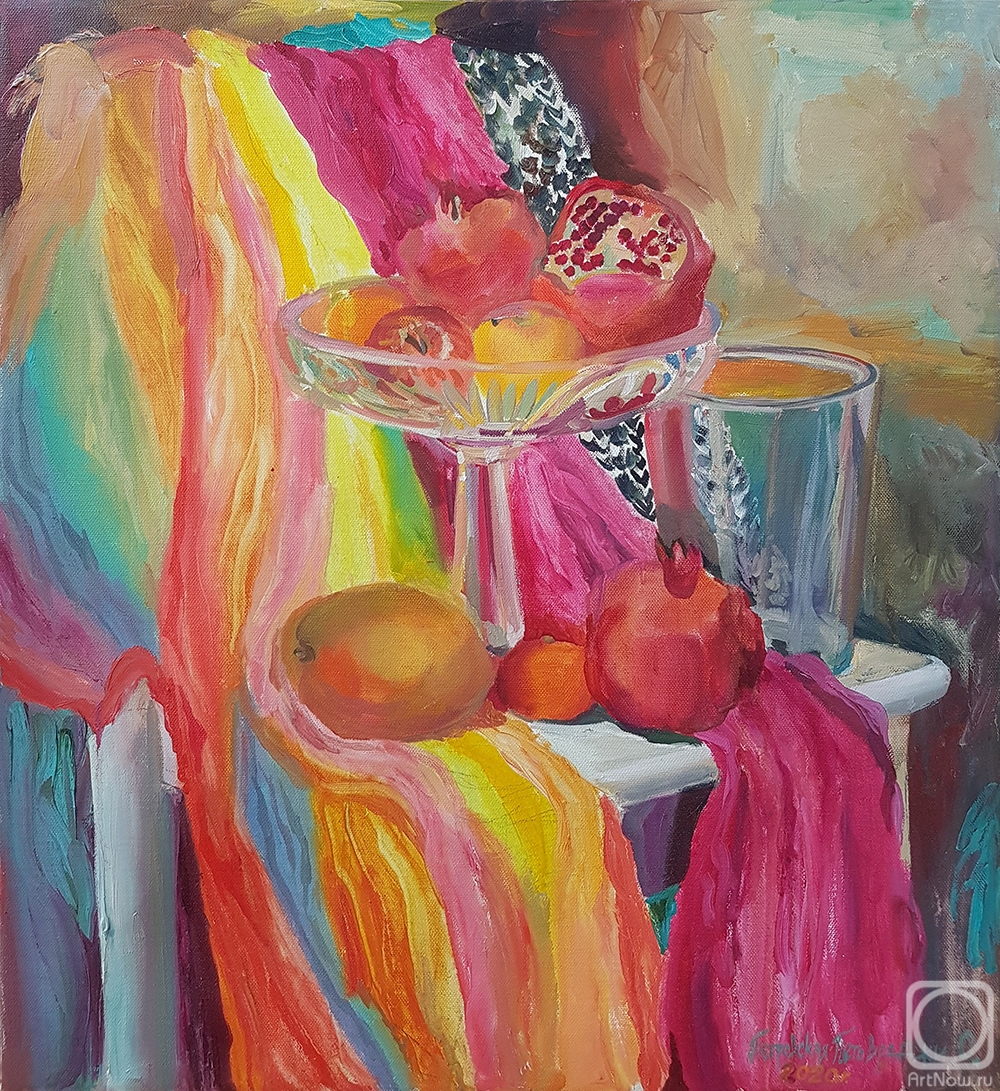 Petrovskaya-Petovraji Olga. Still life with mango and pomegranates