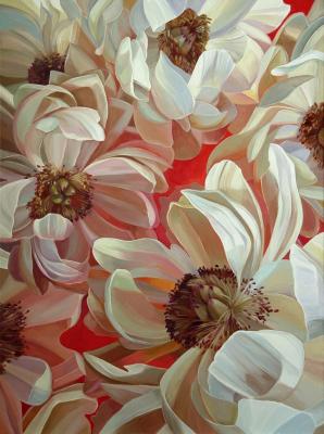 White peonies on a red background