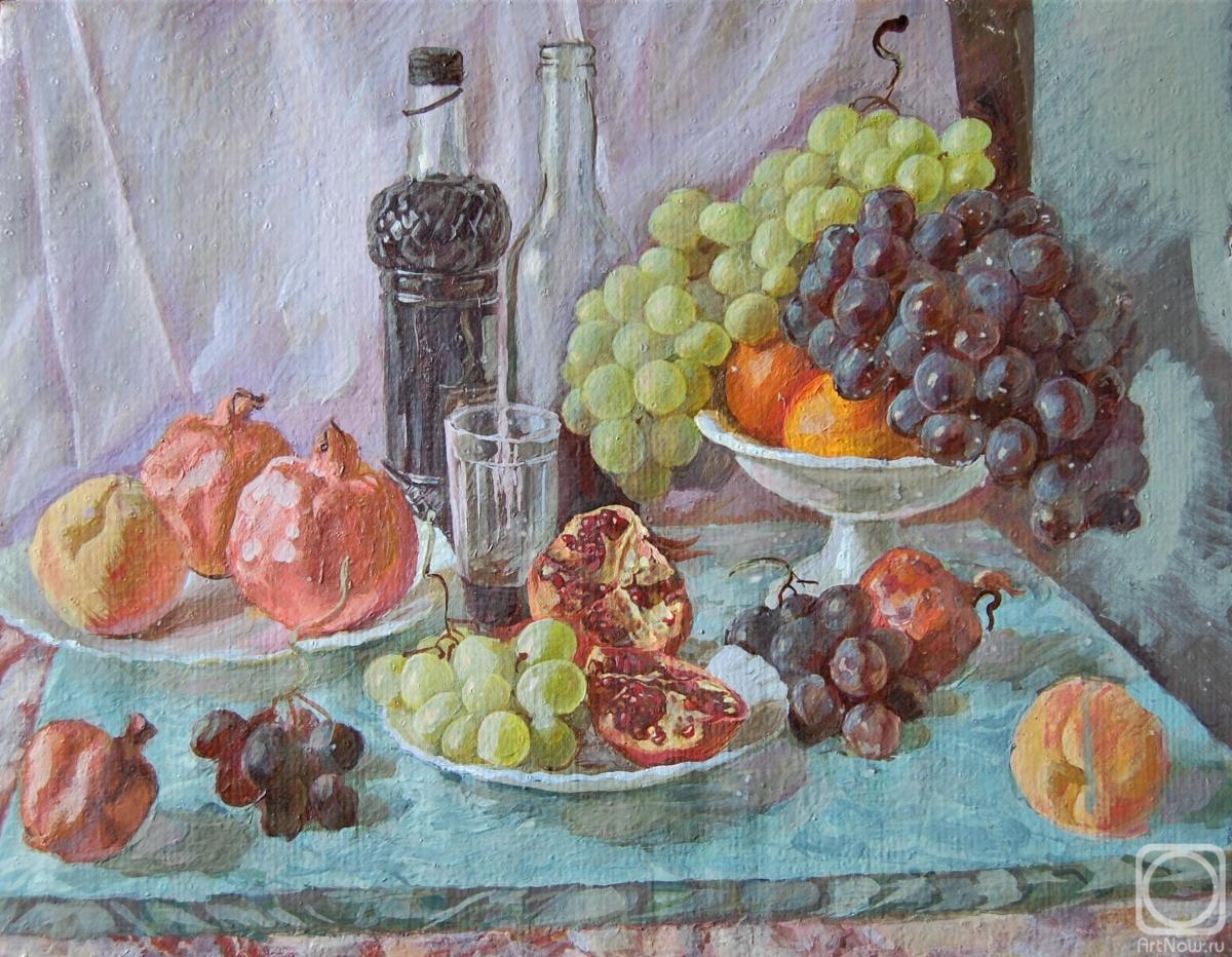 Dobrovolskaya Gayane. Wine and fruits on marble