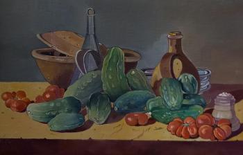 Still life with kitchen utensils and vegetables