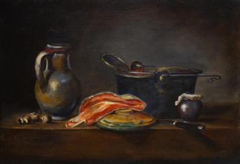 Still life with a cast-iron pot and a piece of salmon