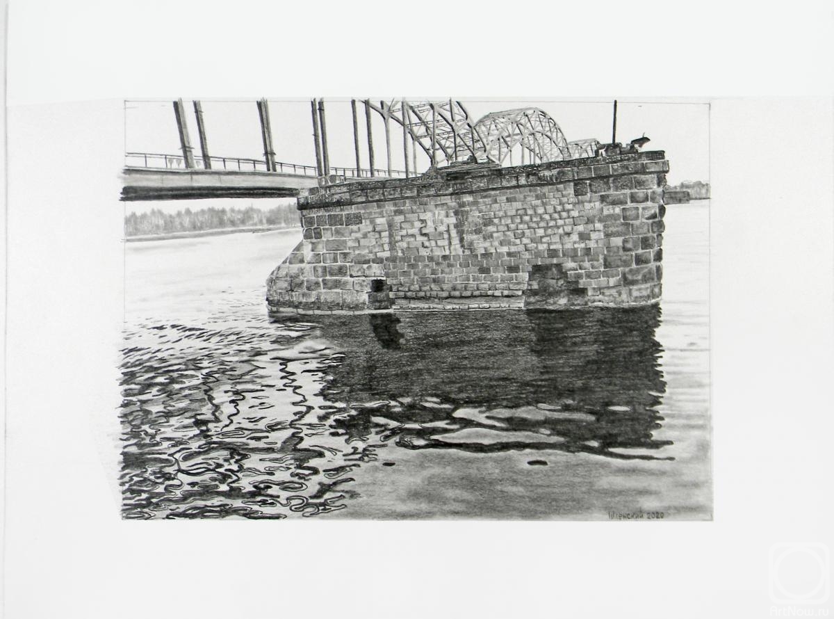 Shlyonskiy Vladimir. The remains of the old destroyed bridge over the Daugava River. Riga