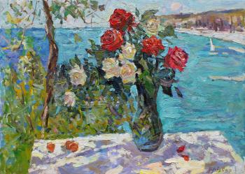 Roses on the background of the black sea (Still Life By The Sea). Zhukova Juliya