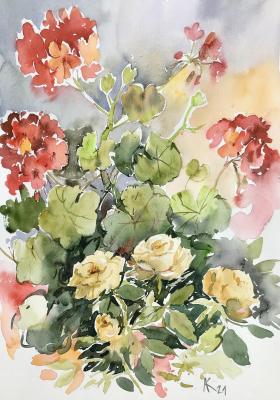 Geranium and bush rose (Yellow Roses In Watercolor). Kurnosenko Antonina