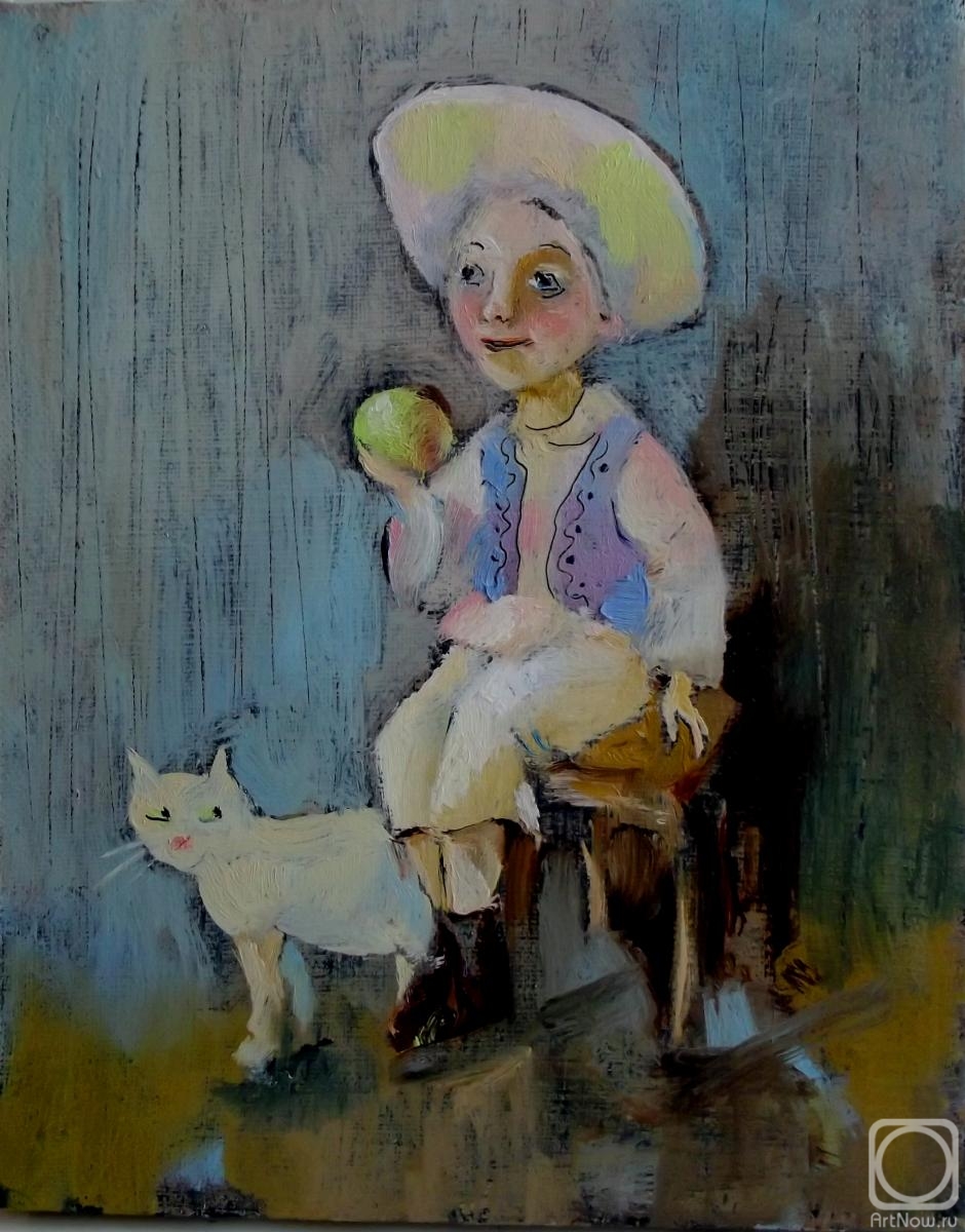Sivko Lyubov. A boy with an apple and a white cat