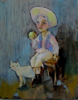 A boy with an apple and a white cat. Sivko Lyubov