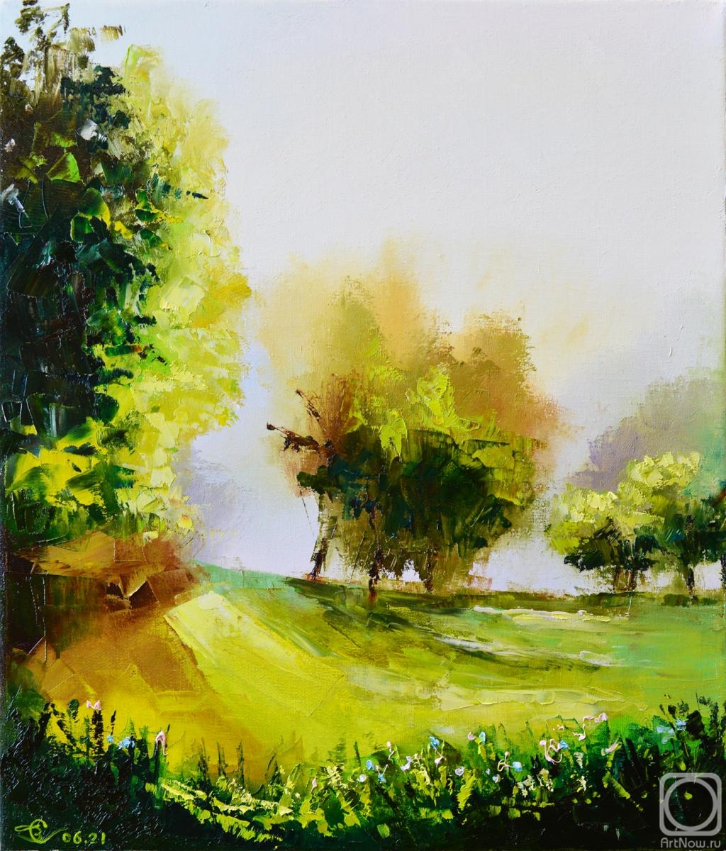 Stolyarov Vadim. Sunlit (oil on canvas palette knife 2021 43x37 ) trees, sun, dawn, sky, palette knife,