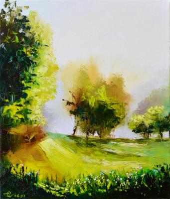 Sunlit (oil on canvas palette knife 2021 43x37 ) trees, sun, dawn, sky, palette knife,