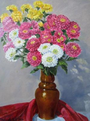 Chrysanthemums with red drapery