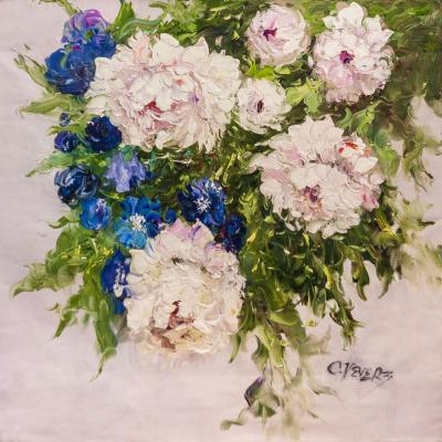 Bouquet of white peonies and cornflowers. Vevers Christina