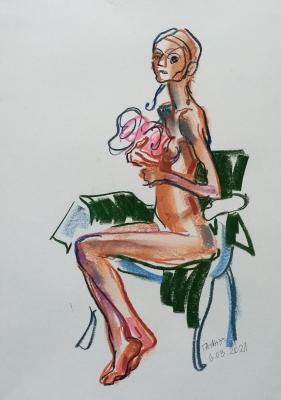 Sitting nude with flowers. Dobrovolskaya Gayane