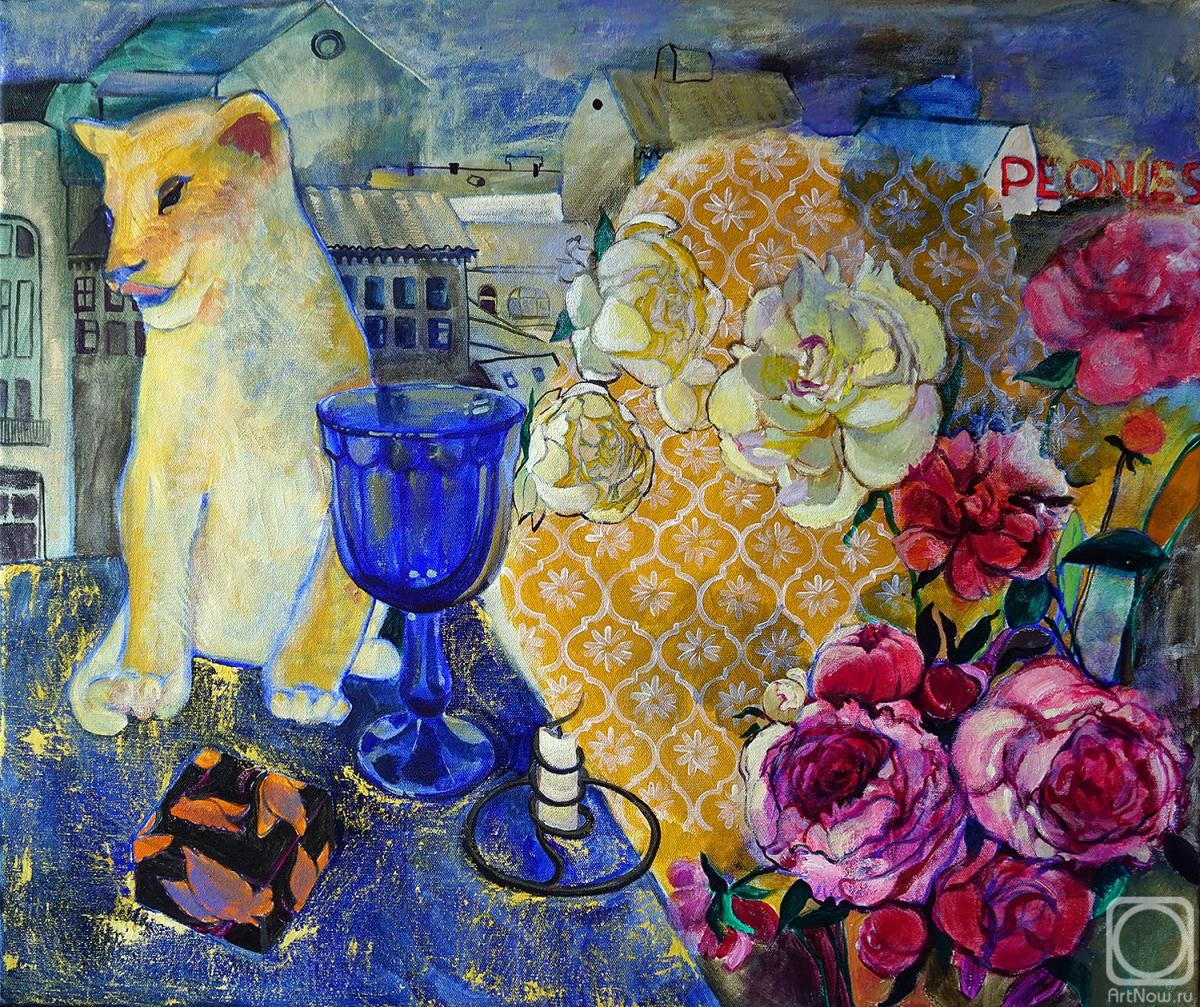 Sushkova Olga. Still life with peonies and a young lion