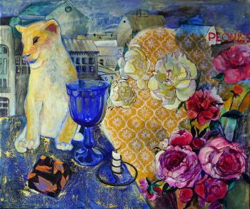 Still life with peonies and a young lion (A Lion). Sushkova Olga