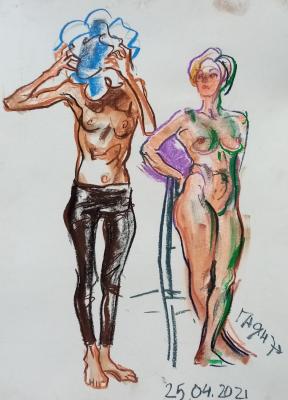 Painting Topless girl with flower and standing nude. Dobrovolskaya Gayane
