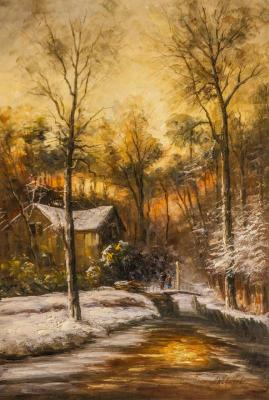 Winter landscape. In the golden rays of the sunset