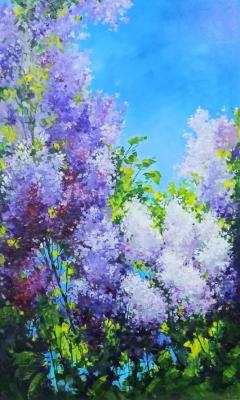 Lilac on a blue background. Miftahutdinov Nail