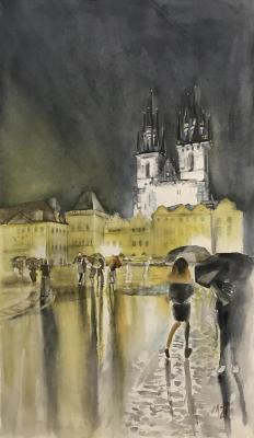 Rain in Prague. Night (Prague City Hall). Zozoulia Maria