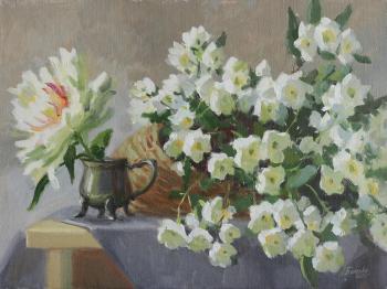 Peony and jasmine (Flowers On A Gray Background). Bychenko Lyubov