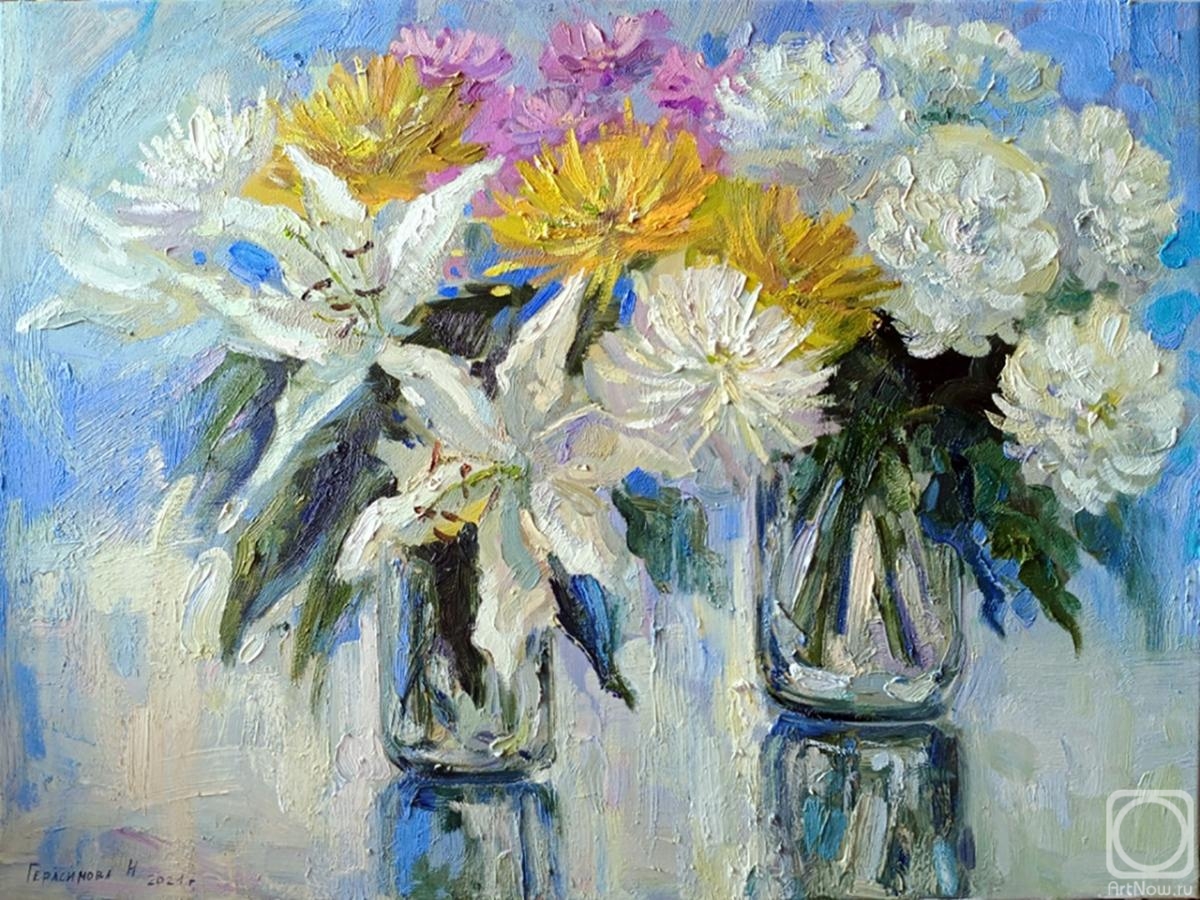 Gerasimova Natalia. Still life with chrysanthemums and lilies