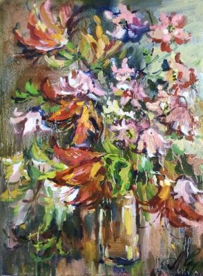Clematis and daylilies. Charina Anna
