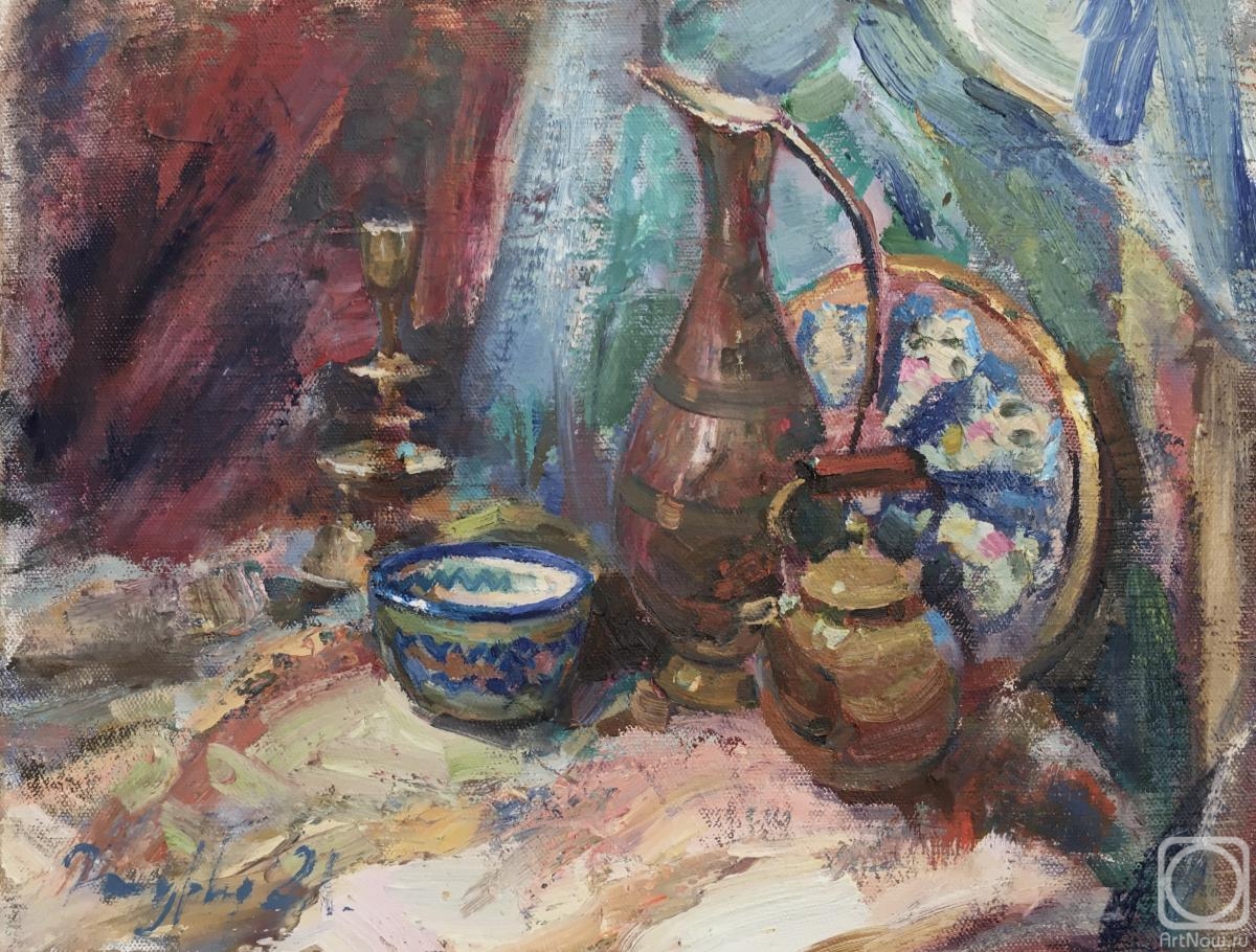 Zhmurko Anton. Still life with a jug and ceramics