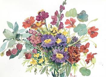 Bouquet with raspberries and nasturtium. Kurnosenko Antonina