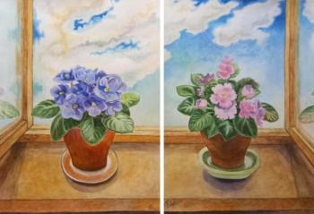 Blooming violets and running clouds (diptych)