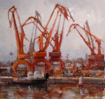 Sketch for the painting Family. Port cranes (Landscape Oil Sketch). Shalaev Alexey