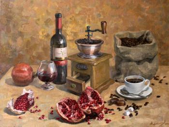 Still life with coffee and pomegranate (Buy A Painting Of Garnet). Korabelnikov Aleksey