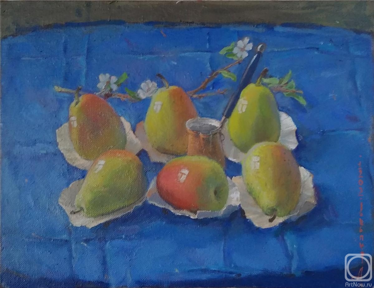 Arepyev Vladimir. Fruits, blue drapery, still life, pears