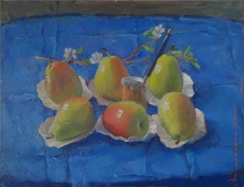 Fruits, blue drapery, still life, pears