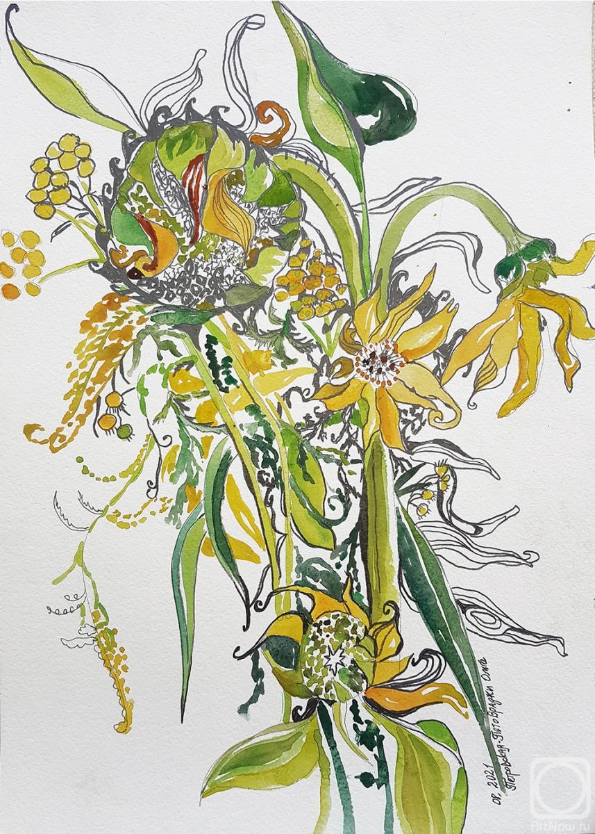 Petrovskaya-Petovraji Olga. Sunflower, tansy and goldenrod