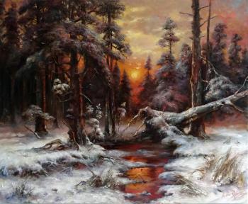 A copy of the painting by Yu. Clover "Winter sunset in a pine forest"