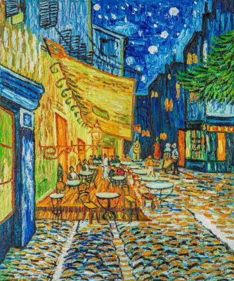 Copy of a picture of Van Gogh. A terrace of night cafe Pleis du Forum in Arles. Vlodarchik Andjei