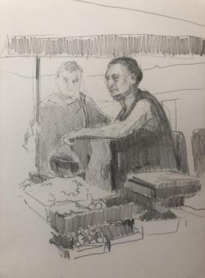 City sketches, a fruit seller on Sadovaya Street. Saint-Petersburg