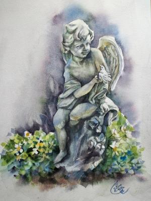 Angel with a bird in the garden