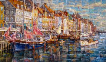 Sunny evening in Copenhagen. Yacht with pink sails