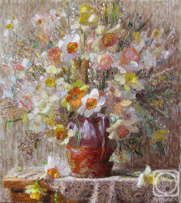 Zundalev Viktor. Daffodils in a brown vase