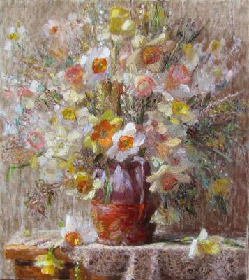 Daffodils in a brown vase. Zundalev Viktor