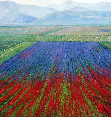 Multicolored fields against the backdrop of mountains. Romm Alexandr