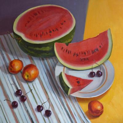 Still life with watermelon, nectarines and cherries