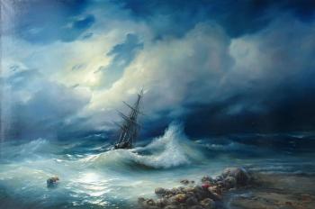 A copy of the painting by I. K. Aivazovsky "Stormy Sea at night"