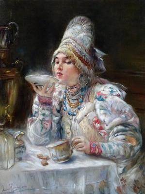 A copy of the painting by K. Makovsky "At tea"