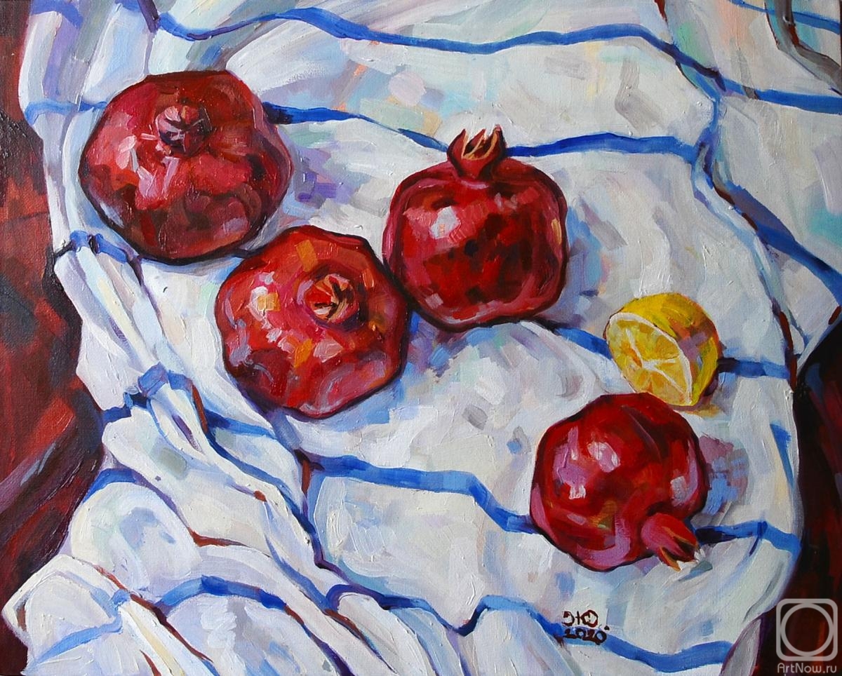Zhukovskaya Yuliya. Pomegranates and lemon on white