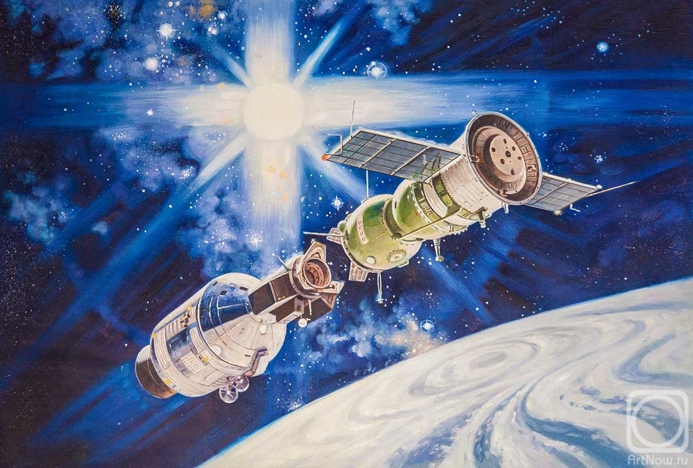 Kamskij Savelij. Copy of the painting by Robert McCall Handshake in space