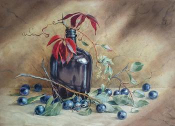 Still life with plums (Wine Glass With Red Wine). Shundeeva Tatiana