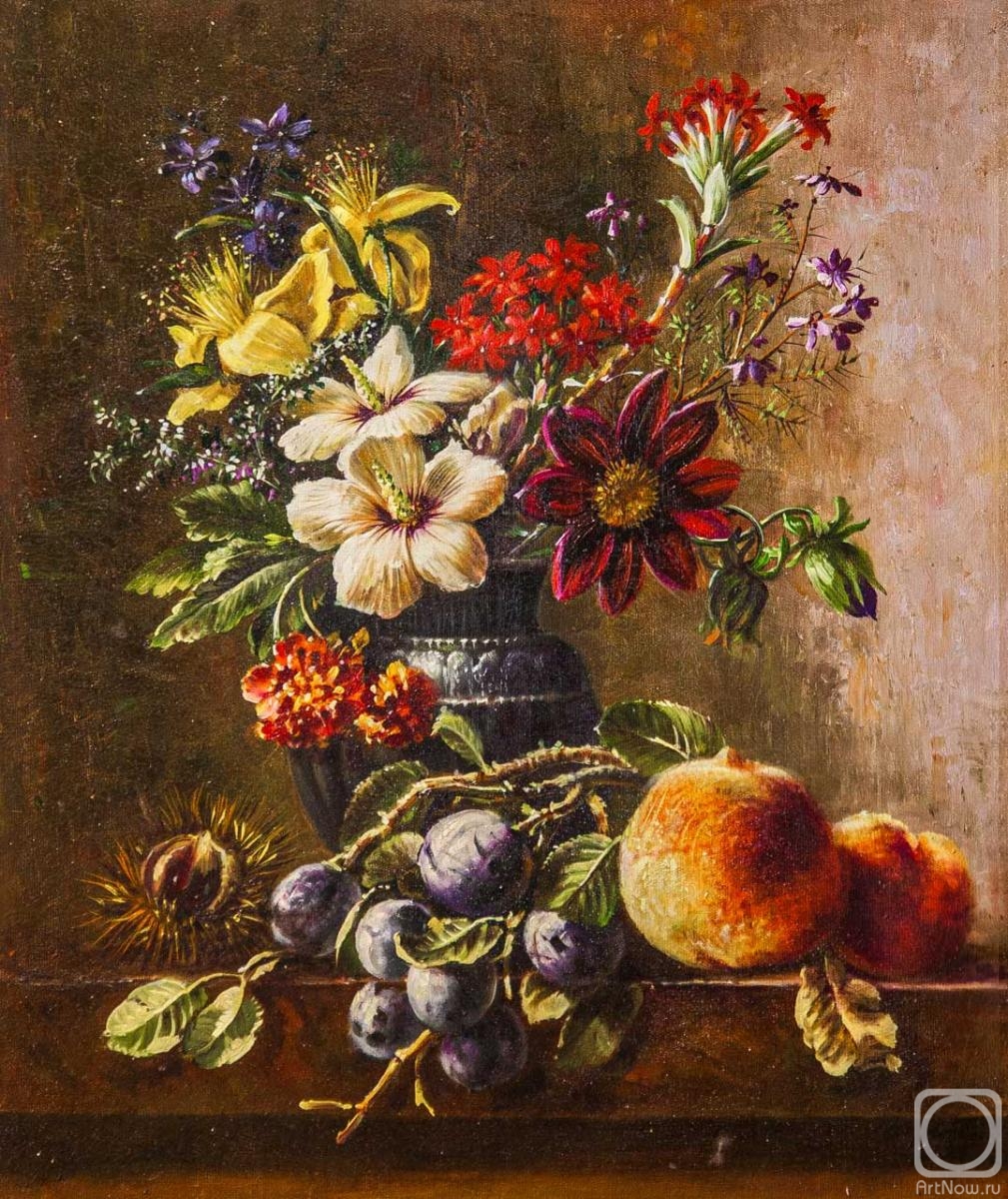 Kamskij Savelij. A copy of the painting by Georg Jacob Johann van Os' Flowers in a vase with chestnuts, plums and peaches on the ledge